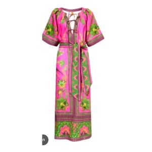 Farm Rio $298 Pink Ana Tapestry Midi XS Boho Dress Floral Cottagecore Linen S1